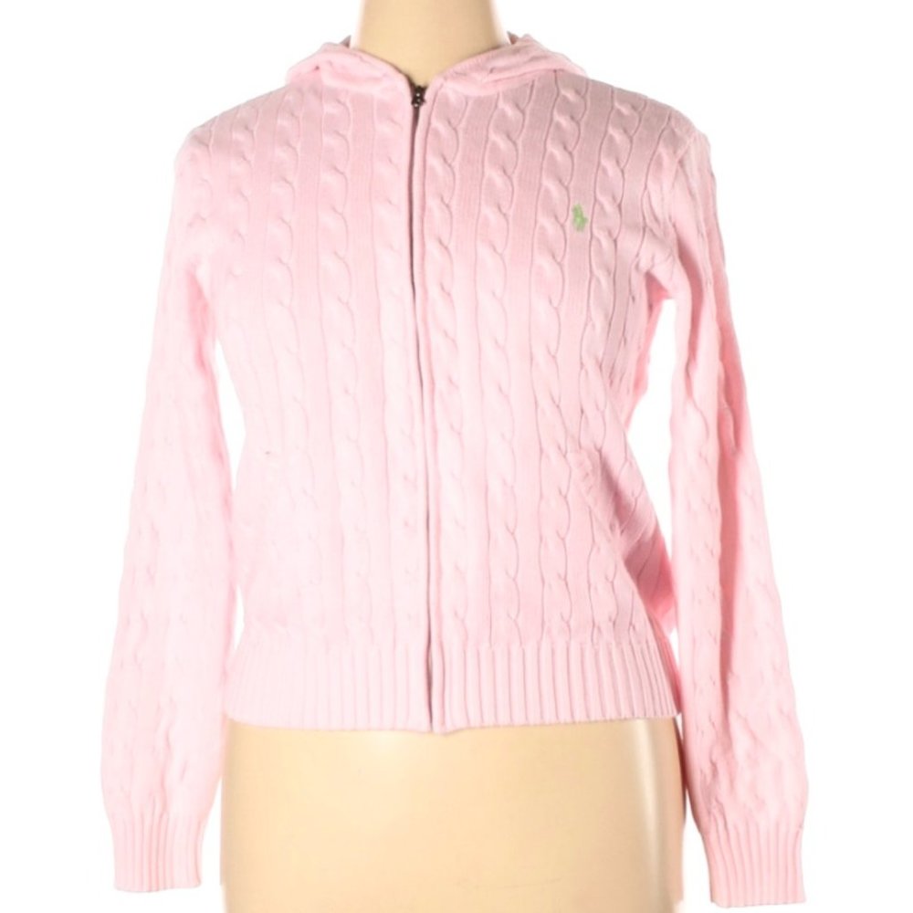 Ralph Lauren Sport Pink Cable Knit Hoodie Zip Up